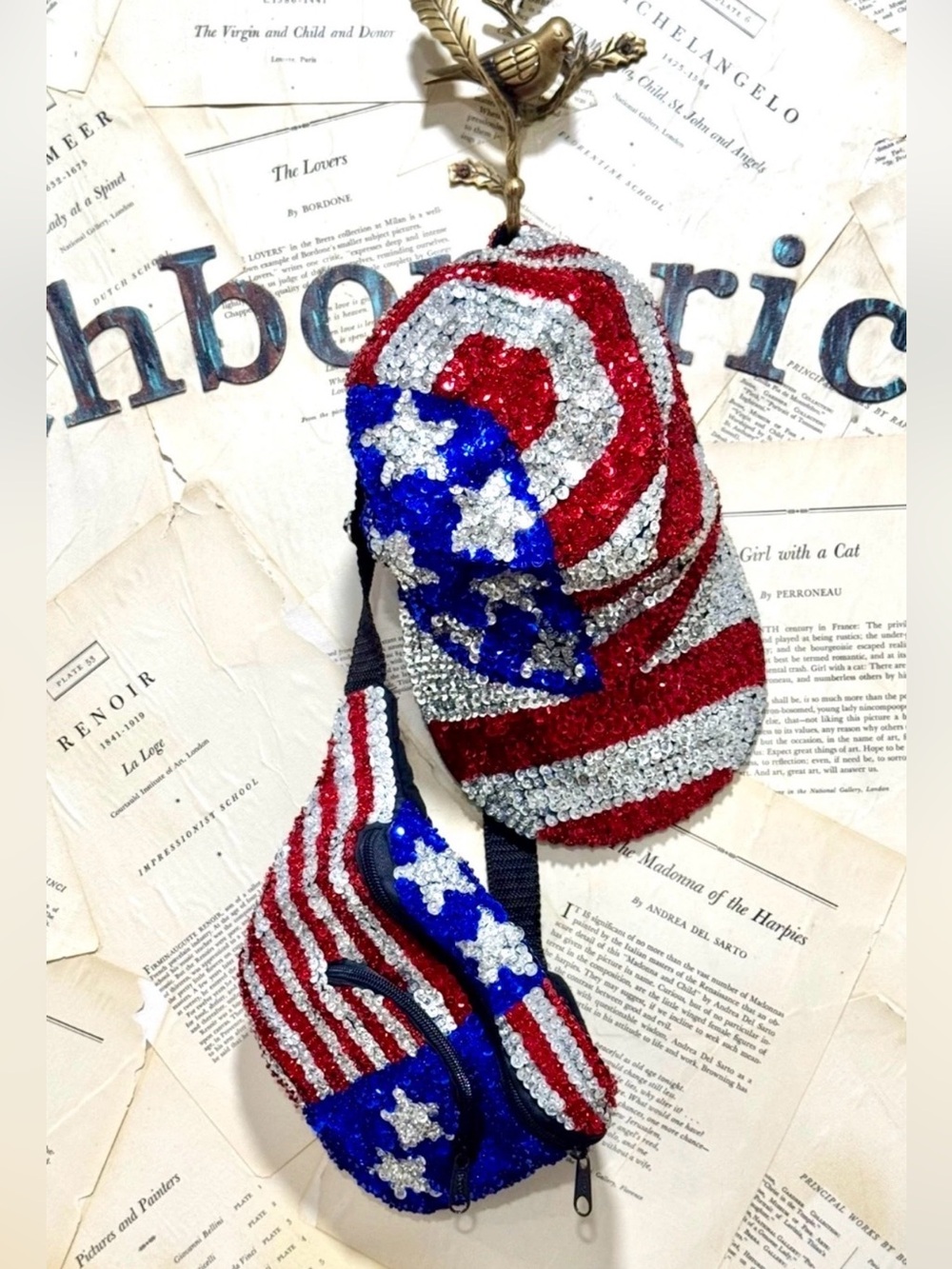 American Flag Sequin Belt Bag Fanny Pack Matching Baseball Cap Set Patriotic KOI